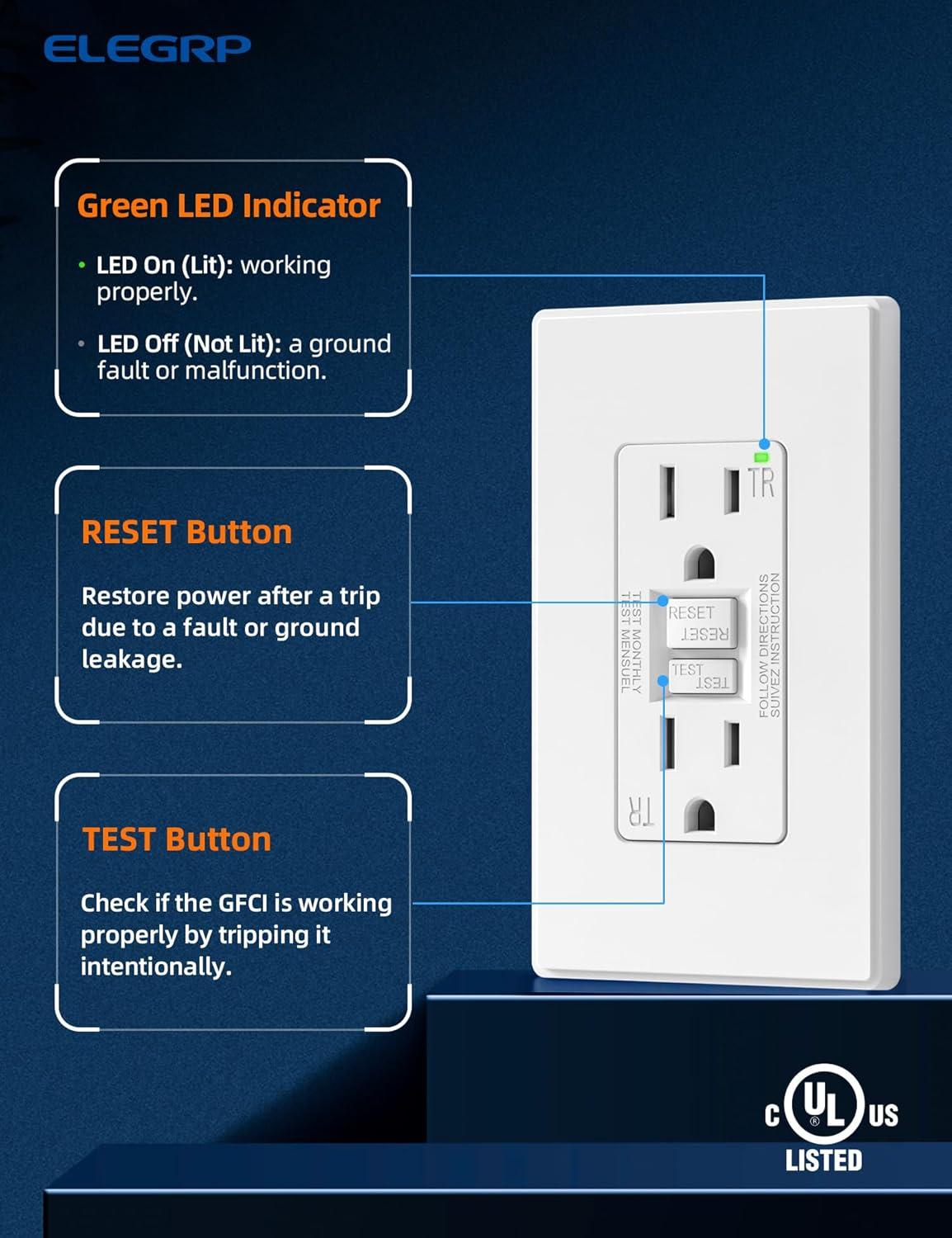 15amp Weather Resistant GFCI Outlet, Tamper Resistant GFI Receptacle with LED Indicator, Decor Wall Plate and Screws Included, ETL Certified, White 4 Pack