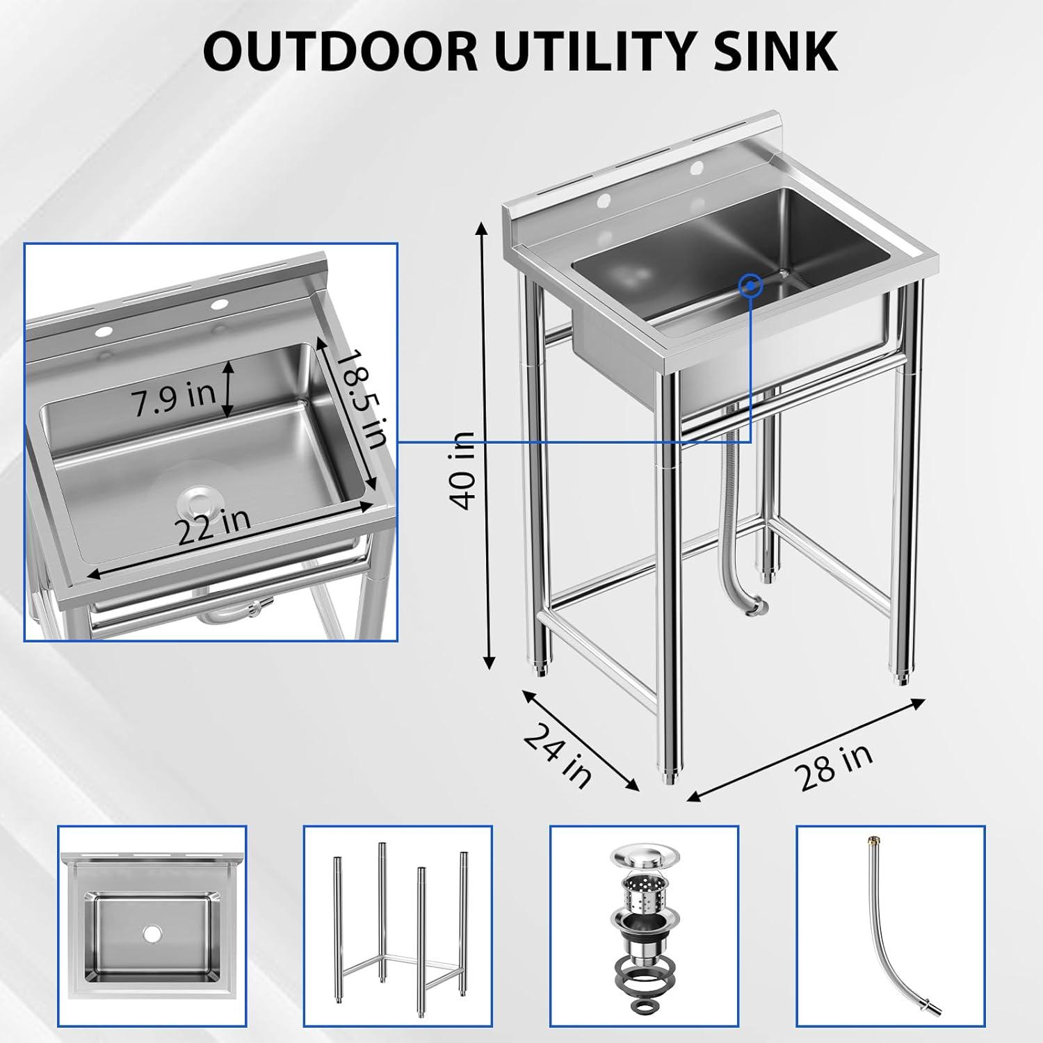 28in Brushed Stainless Steel Freestanding Utility Sink