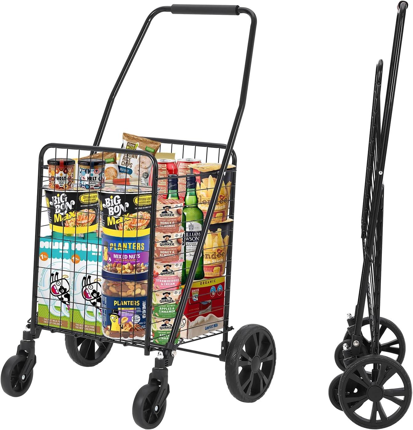 Black Metal Folding Utility Cart with 360° Swivel Wheels