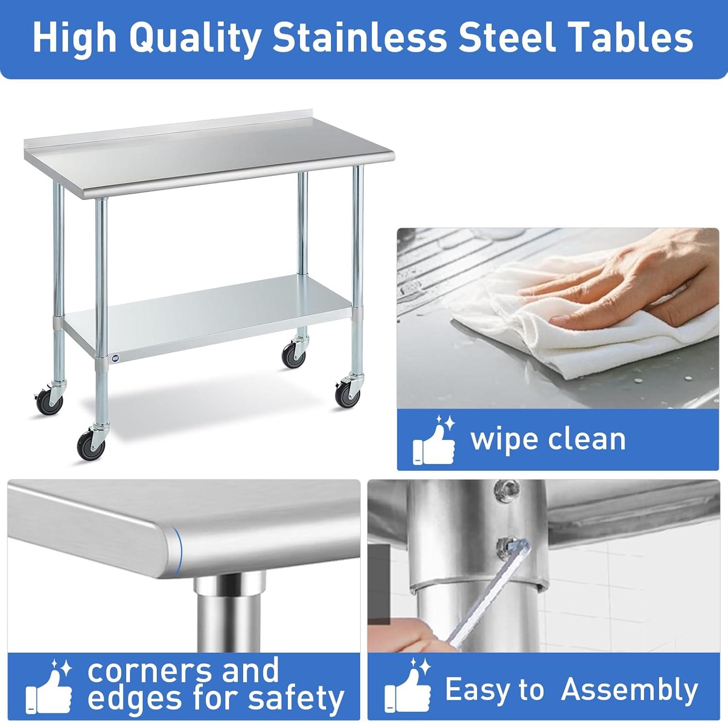 AmGood 60" Long x 24" Deep Stainless Steel Work Table With Open Base and Wheels | Mobile Metal Table