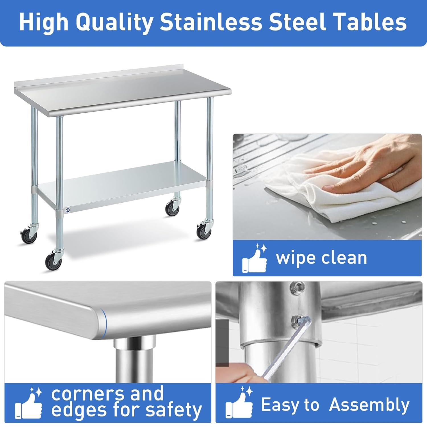 AmGood 60" Long x 24" Deep Stainless Steel Work Table With Open Base and Wheels | Mobile Metal Table