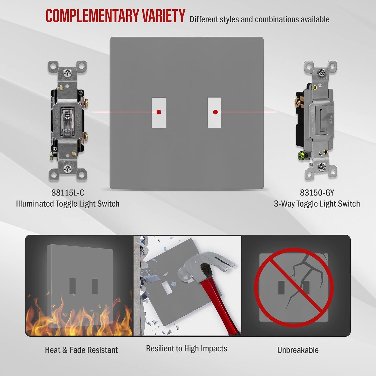 Gray Polycarbonate Screwless Double Toggle Switch Wall Plate