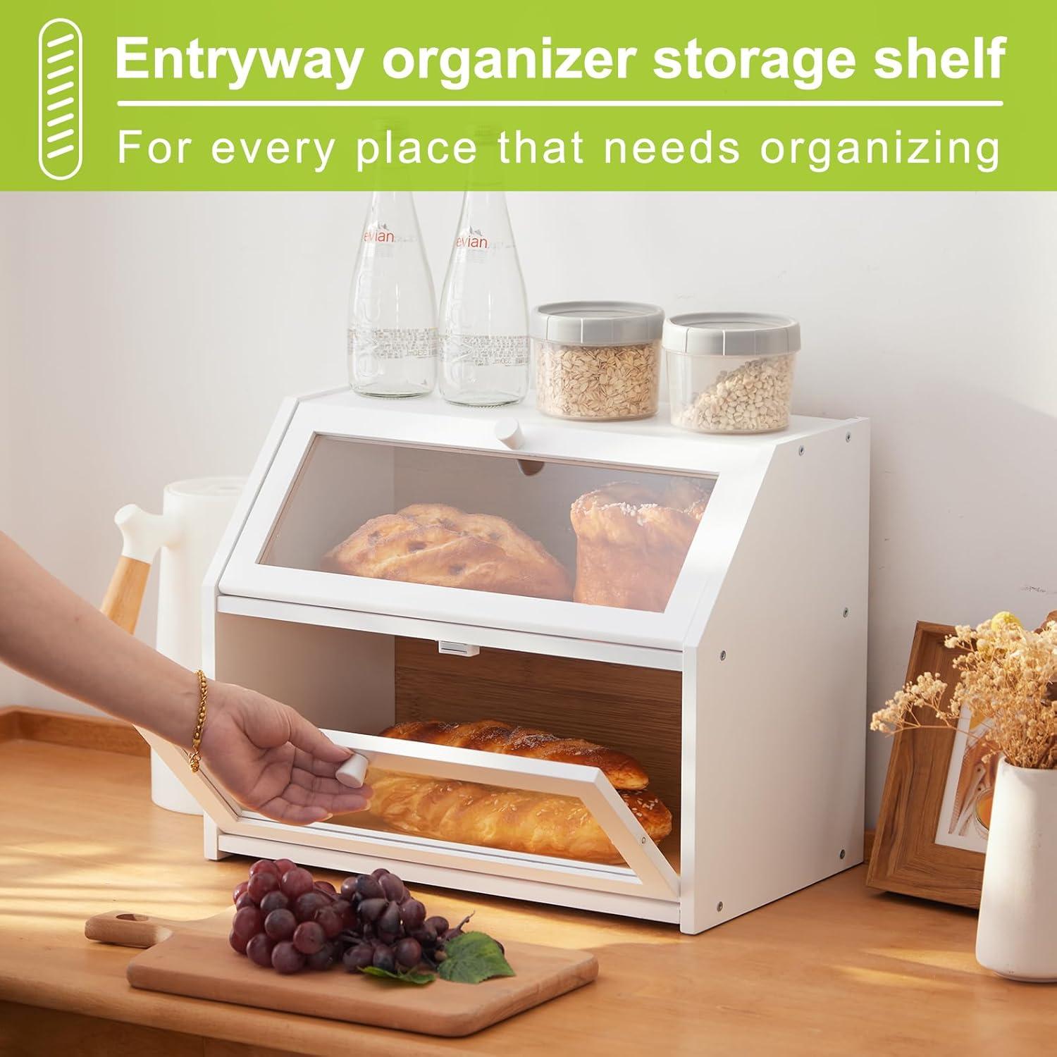 Farmhouse Bread Box for Kitchen Countertop Bread box Double Layer Bamboo Wooden Extra Large Capacity Bin Kitchen Food Storage Container(White)