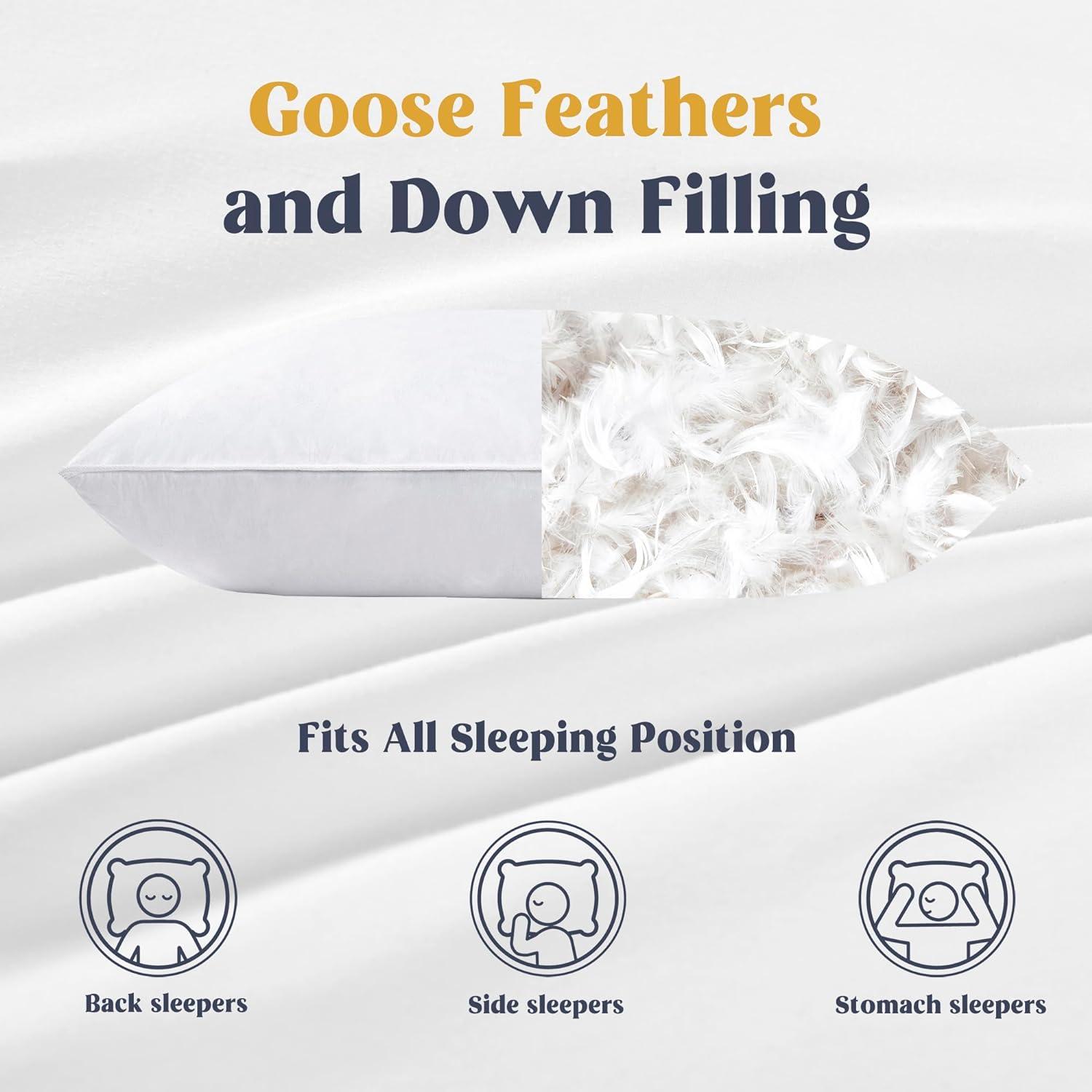 Goose Down Pillows Standard Size - 100% Cotton Cover Bed Pillow, Luxury Hotel White Pillow, Set of 2