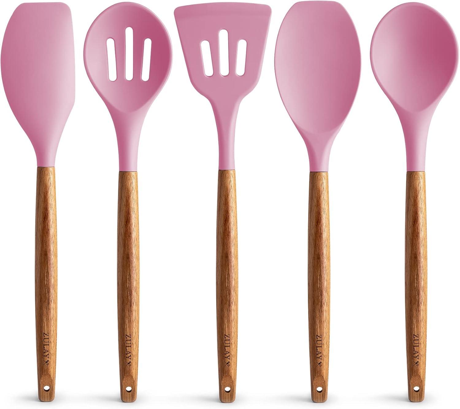 Zulay Kitchen Non-Stick Silicone Utensils Set with Acacia Wood Handles 5 Piece Silicone - Pink