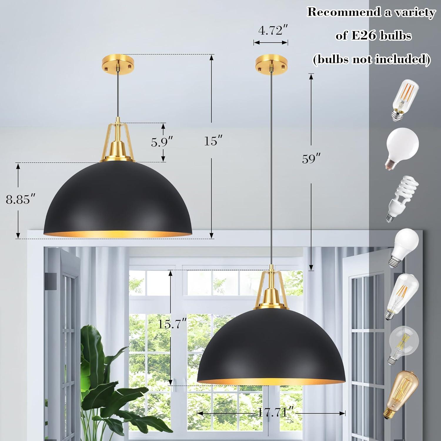 Large Pendant Light Black and Gold Dome Pendant Light Fixtures 17.71” Industrial Hanging Lamp Modern Farmhouse Dome Chandelier Pendant Lighting for Kitchen Island Hallway Dining Room Entryway Foyer