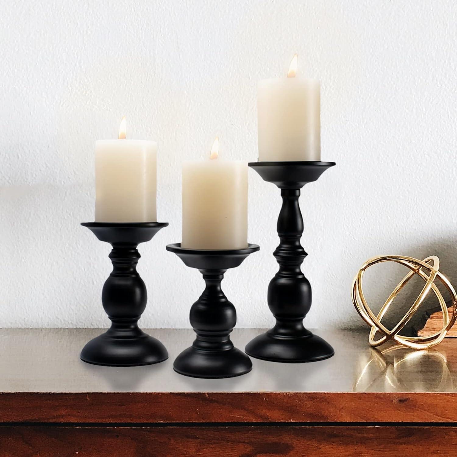 3 Pcs Black Metal Pillar Candle Holder, Iron Candle Stands, 5.3/6.8/9.1 Inches Tall Pillar Candle Holder Set,Scented Candle Stands, Retro Table Centerpiece Decor for Fireplace