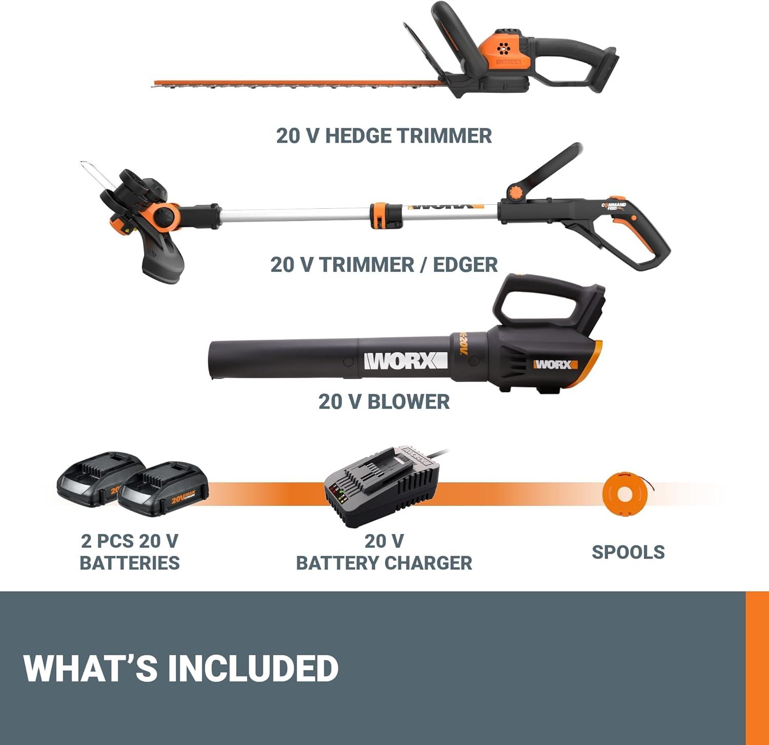 Worx WG931 20V Power Share Cordless Grass Trimmer, Hedge Trimmer, & Blower Combo (Batteries and Charger Included)