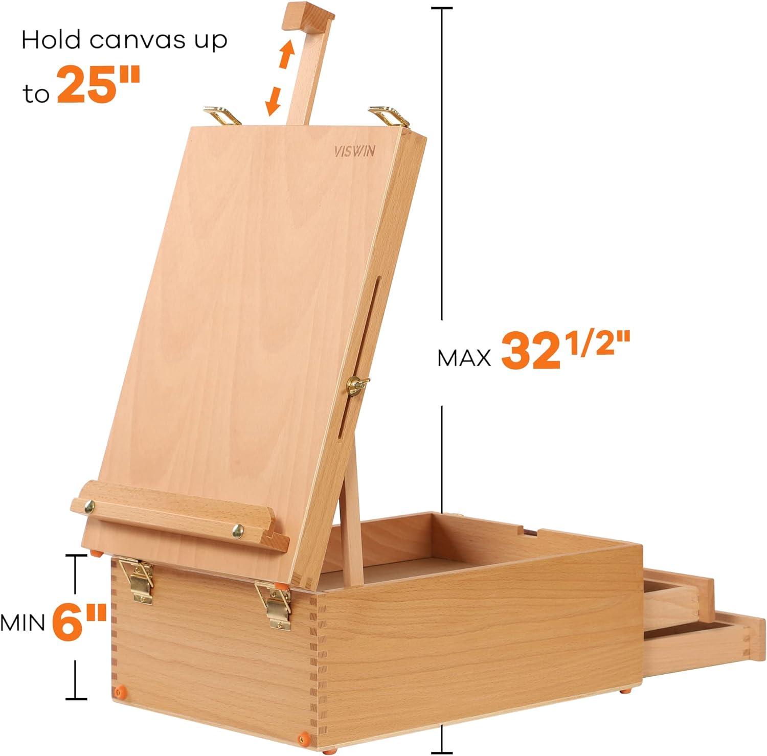 VISWIN Large Beech Wood Tabletop Easel Box with Storage Drawers