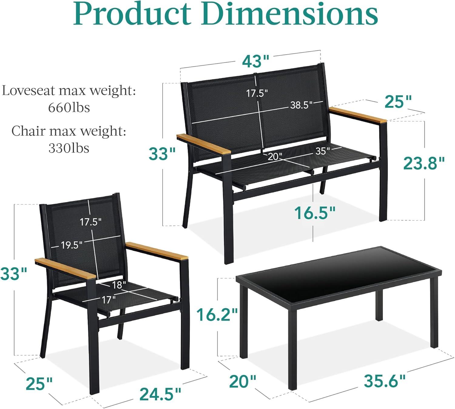 Black Steel 4-Piece Outdoor Patio Conversation Set with Faux Wood Armrests