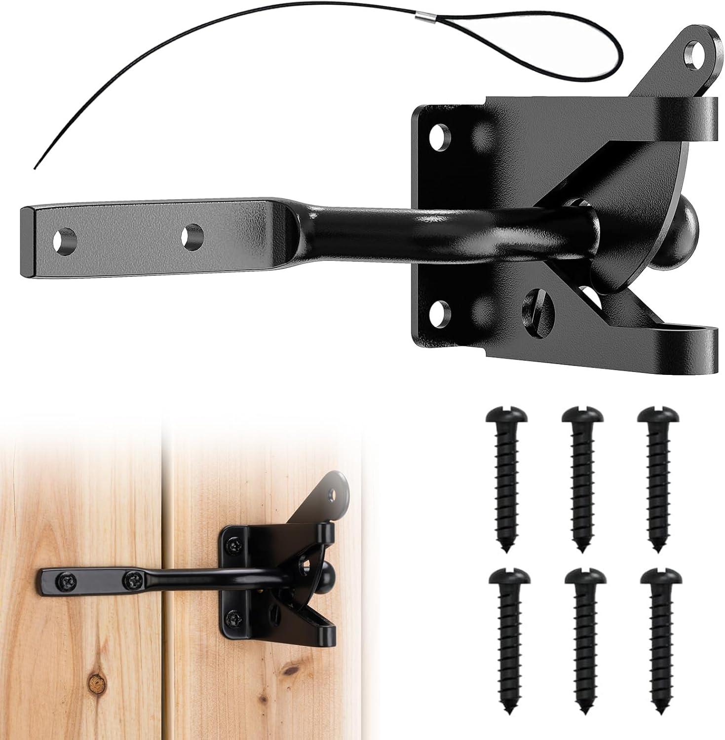 Gate Latch Automatic Gate Gravity Latch Self Locking Fence Gate Latch with Pull Cable for Wooden Fence Gates Door, Black