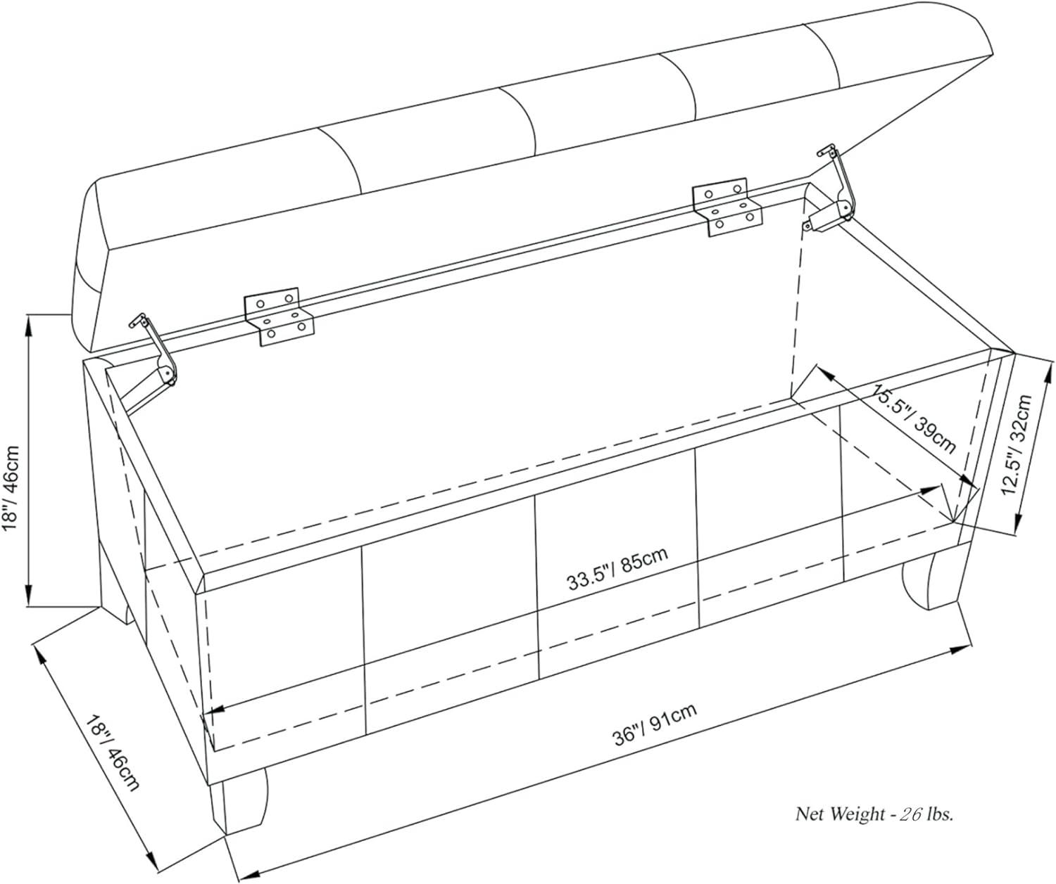 Simpli Home Dover 36"W Upholstered Storage Ottoman Bench with Lift-Top and Large Interior Storage