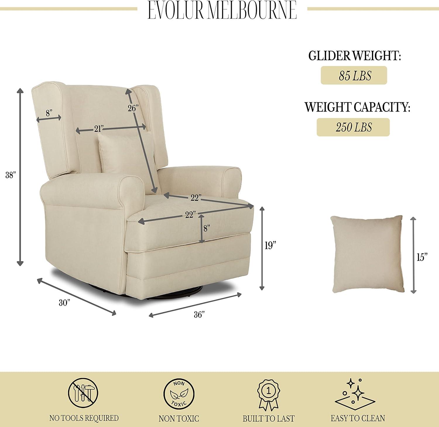 Evolur Melbourne Wing Back Swivel Glider I Nursery Glider I Durable Soft Fabric I Bonus Pillow In Iron
