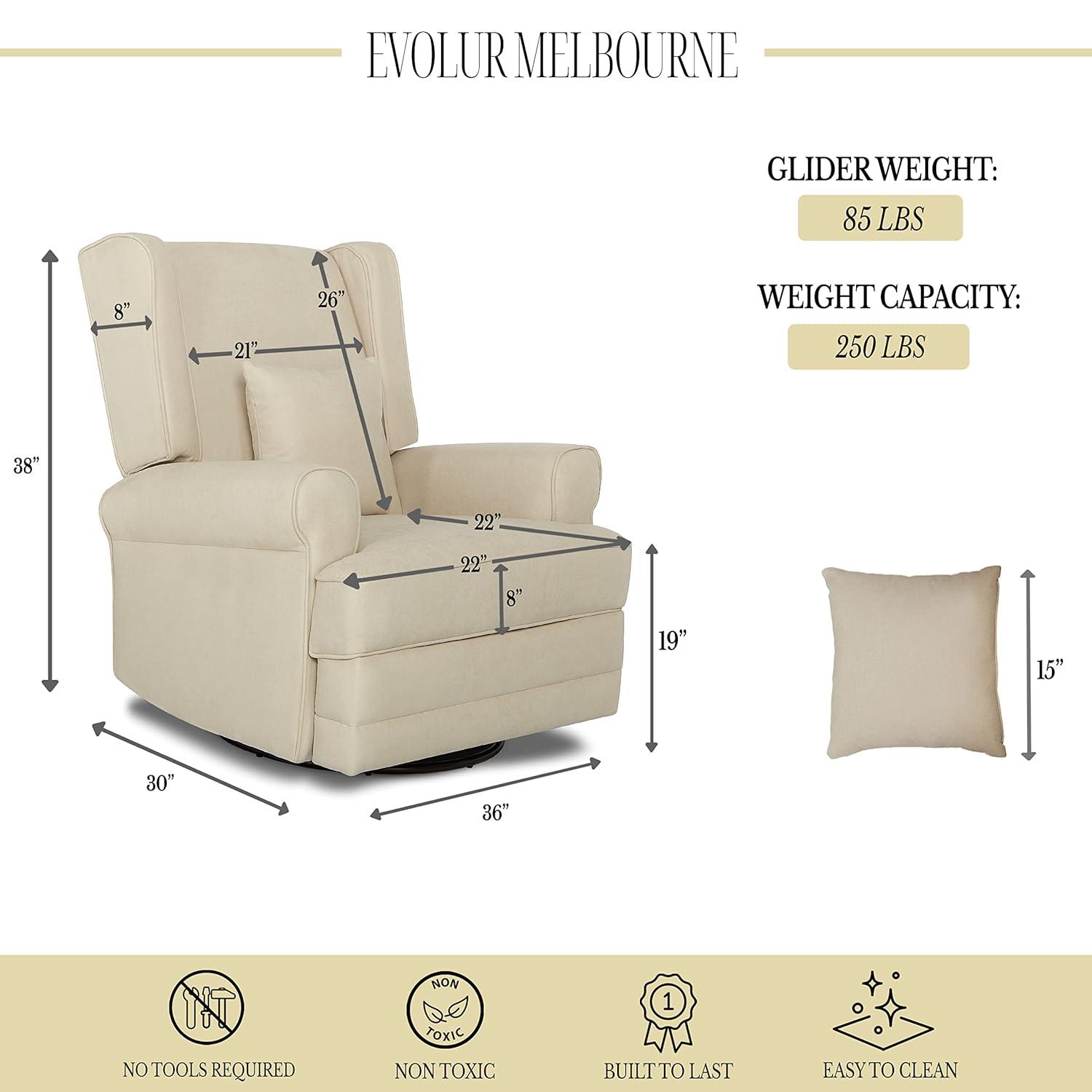 Evolur Melbourne Wing Back Swivel Glider I Nursery Glider I Durable Soft Fabric I Bonus Pillow In Iron