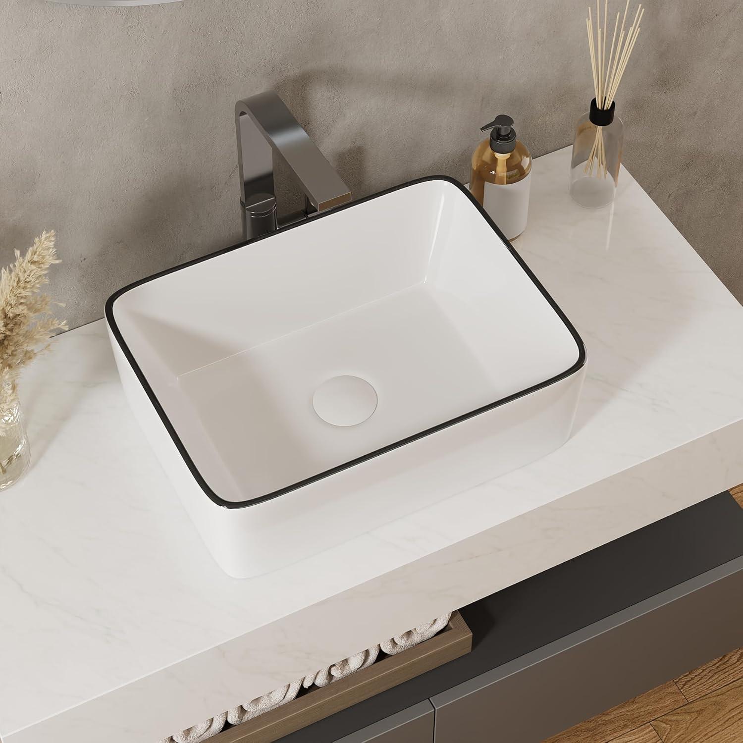 DeerValley DV-1V0317 Deervalley Liberty 16'' X 12'' Rectangular Vitreous China Vessel Bathroom Sink, White With Black Striped Edge