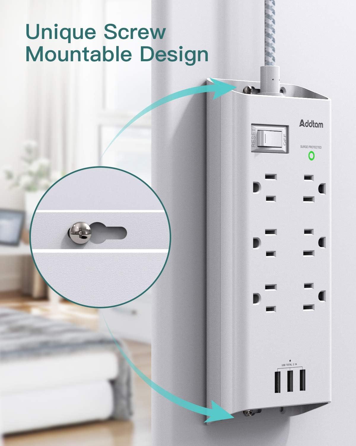 White 5ft Power Strip with 6 Outlets and 3 USB Ports