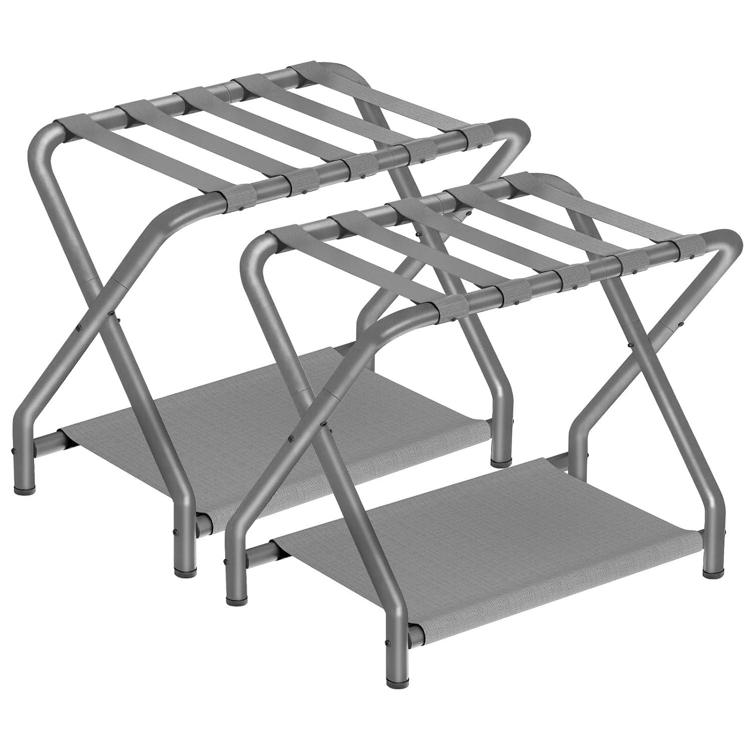 MEBROT Set Of 2, Foldable Suitcase Stands For Guest Room, Metal Luggage Holder With Storage Shelf For Bedroom, Hotel, Easy Assemble