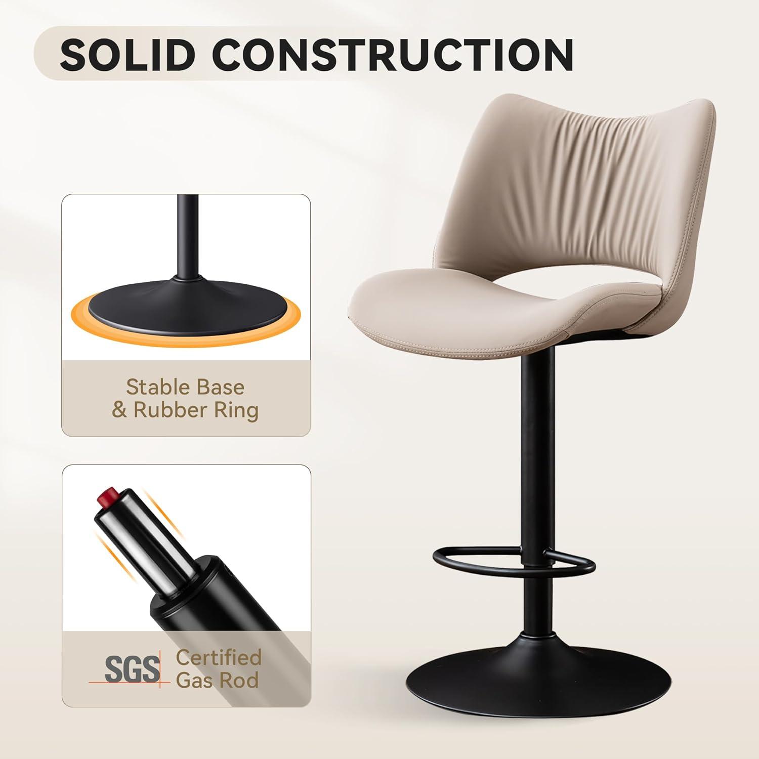 Khaki Adjustable Swivel Faux Leather Bar Stools with Metal Base