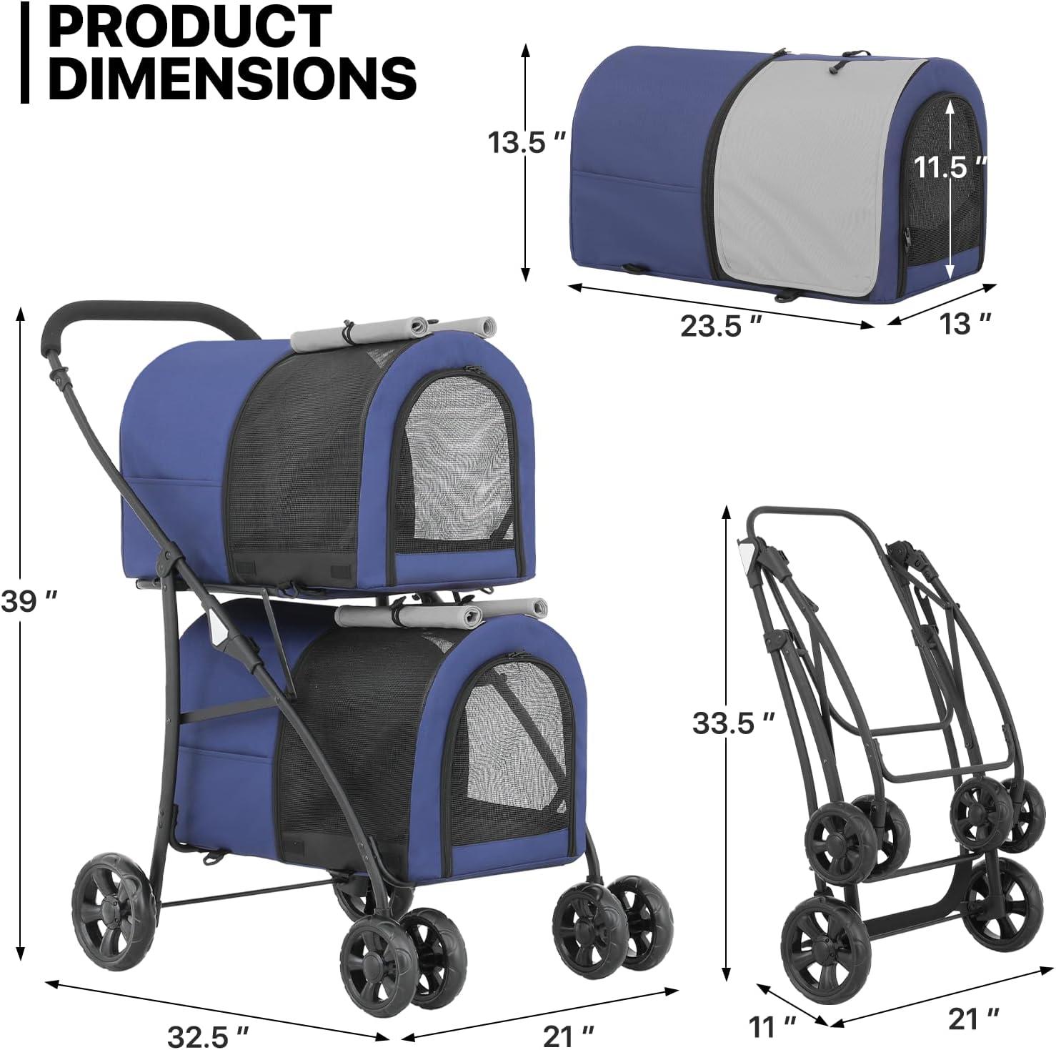 MoNiBloom 4 in 1 Double Pet Stroller, Foldable Cat Stroller for 2 Cats/Dogs with Detachable Carrier Bags & Rear Brakes, Navy Blue/Gray