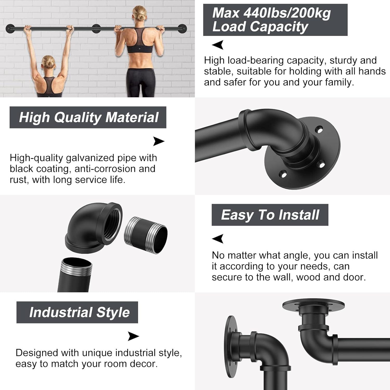 4FT Industrial Stair Railing Wall Mount Staircase Handrail φ1.3" Pipe Hand Rail for Steps Grab Bar Foot Rail Vintage Pipe Railing Black Deck Handrail for Outdoor Indoor Stairs Porch