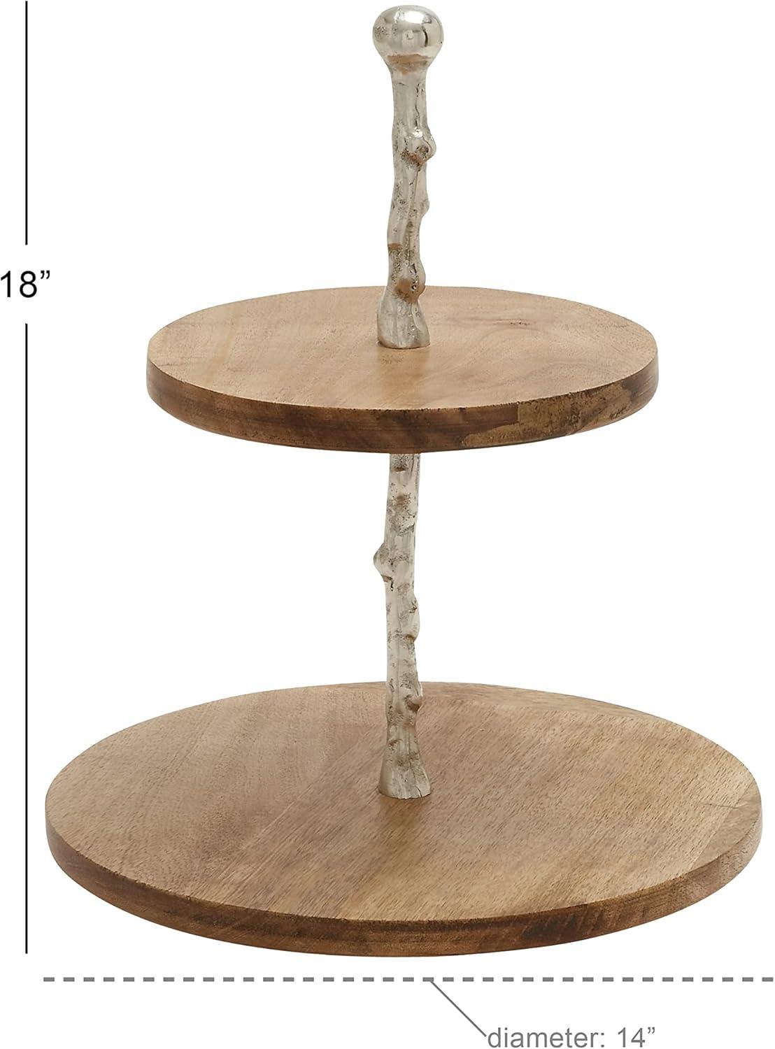 18" 2-Tier Round Modern Mango Wood and Aluminum Tray Stand Brown - Olivia & May: Chic Display for Decor, Non-Food Safe, Indoor Use