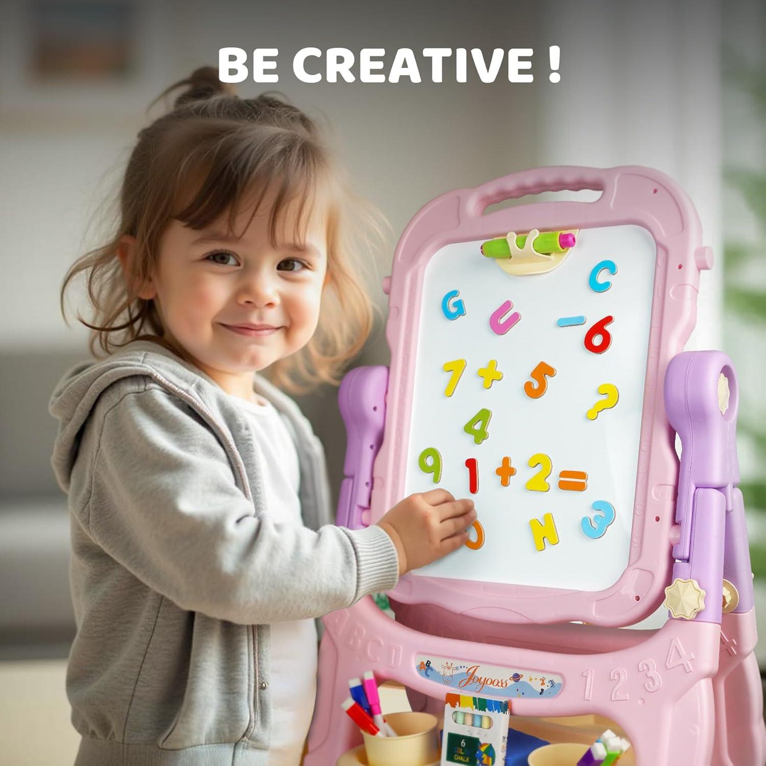 Easel for Kids, Adjustable Standing Art Easel for Toddler, Double Magnetic Drawing Board with Painting Accessories, Birthday Christmas Gift for Little Boys and Girls,  Pink