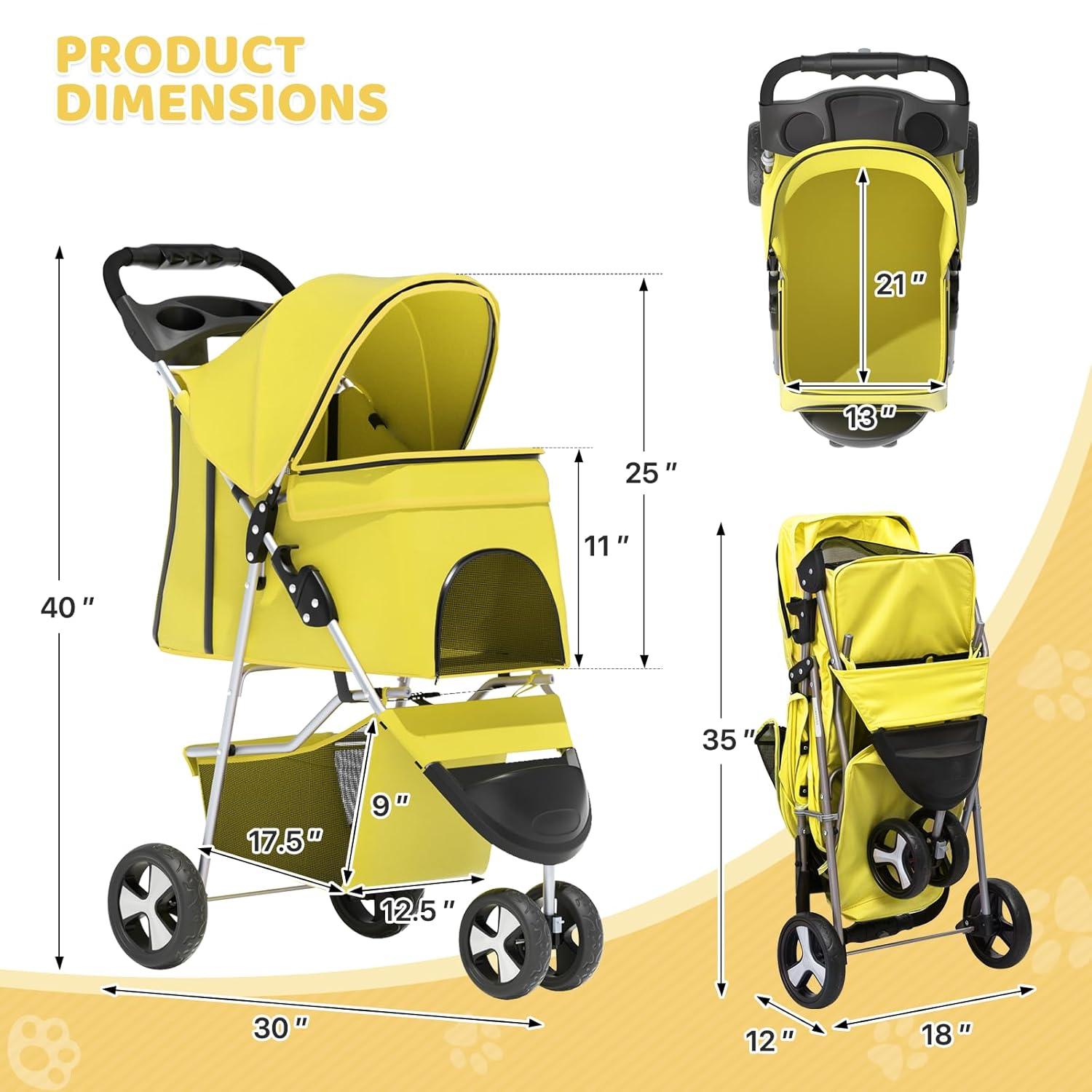 Zengpin 3-Wheel Pet Stroller, Foldable Travel Jogger for Small & Medium Dogs & Cats (Up to 33lbs), Lightweight Carrier with Breathable Mesh Cover, Cup Holder & Storage Basket, Yellow