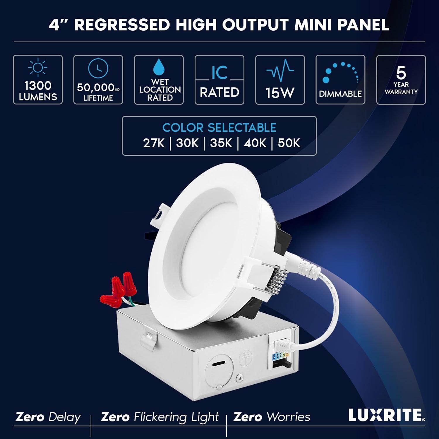 Luxrite 4 Inch LED Recessed Ceiling Light J-Box 15W 5 Color Selectable 1300LM Dimmable Wet Rated IC Rated ETL Listed