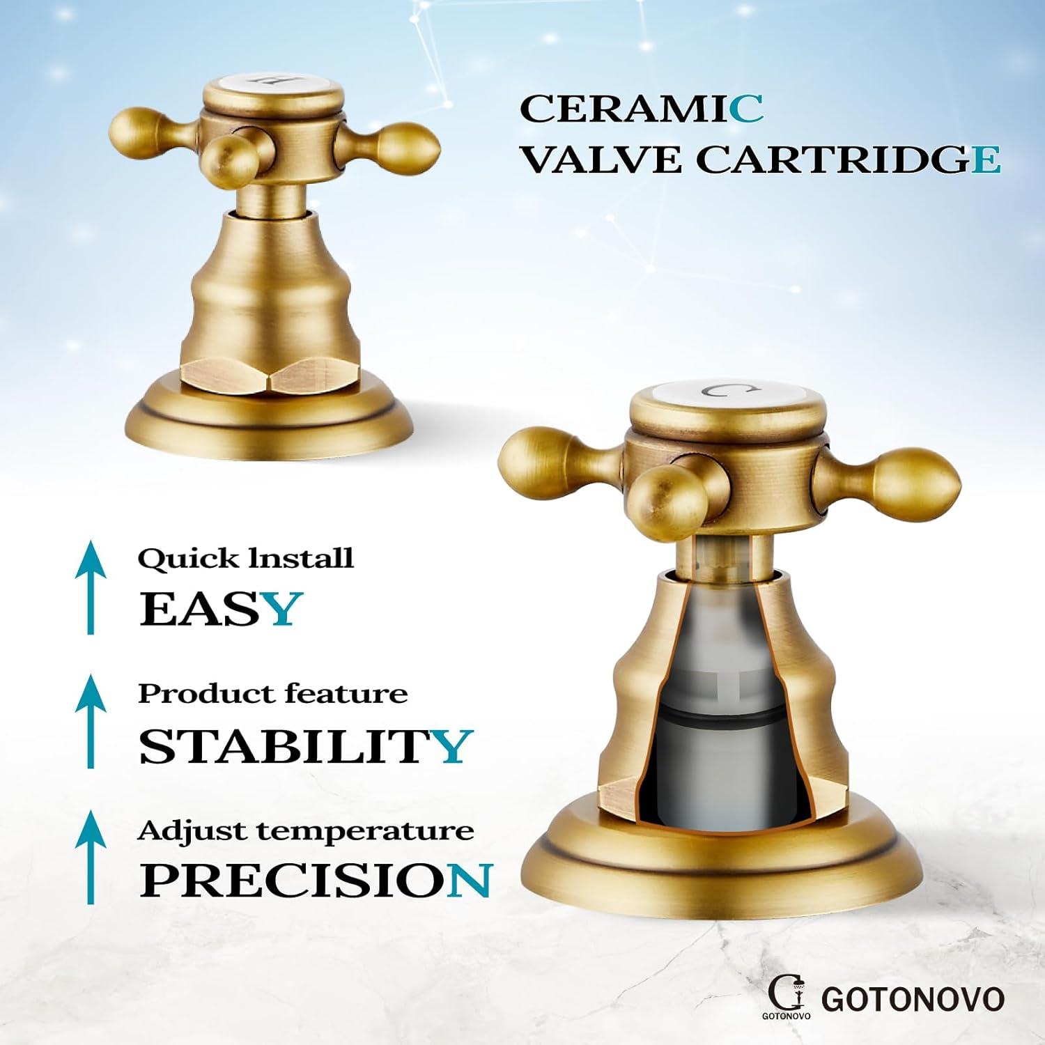 gotonovo Bathroom Faucet 3 Hole 8 Inch Widespread Bathroom Sink Faucet 2 Cross Handles Vintage Lavatory Vanity Mixer Tap with Pop Up Drain, H C Label, Antique Brass