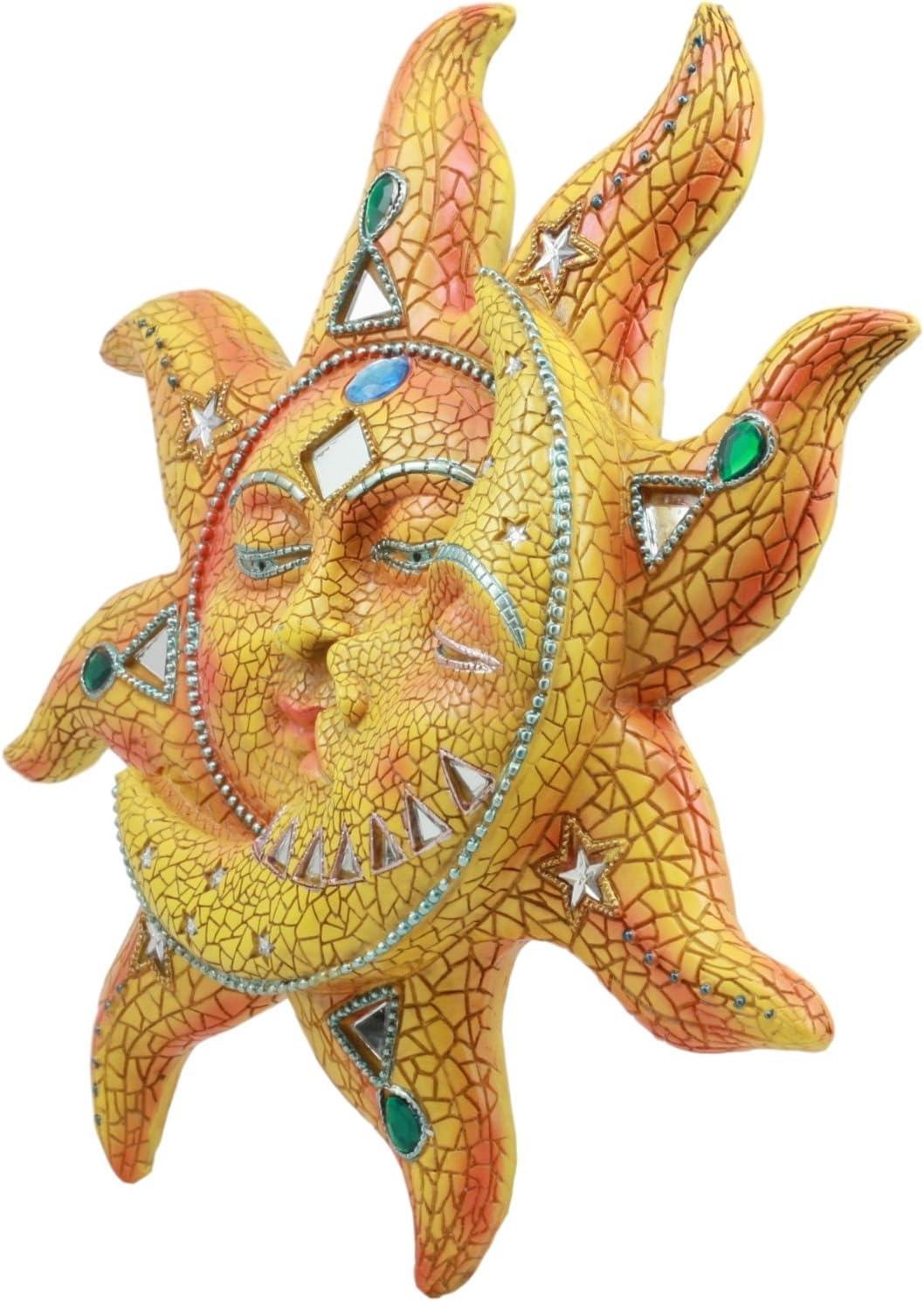Ebros Cara de Mosaico Naranja Sol con Luna de Mosaico Amarillo, Decoración de Placa de Pared de 13"H