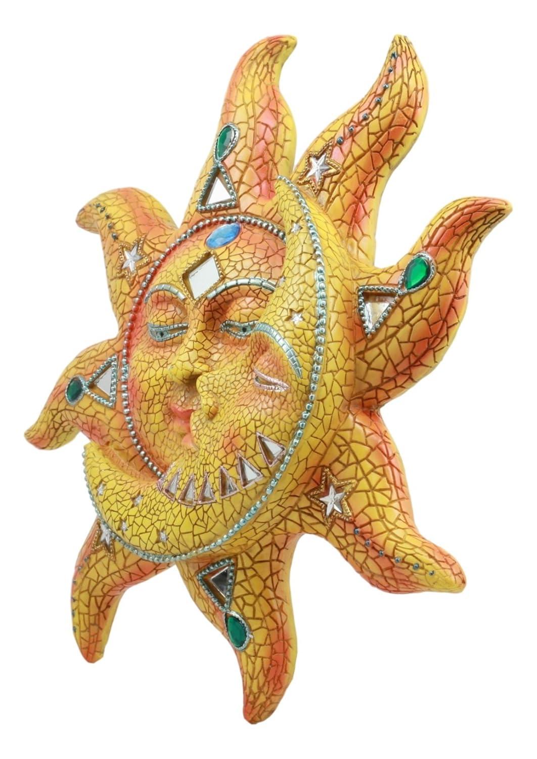 Ebros Cara de Mosaico Naranja Sol con Luna de Mosaico Amarillo, Decoración de Placa de Pared de 13"H
