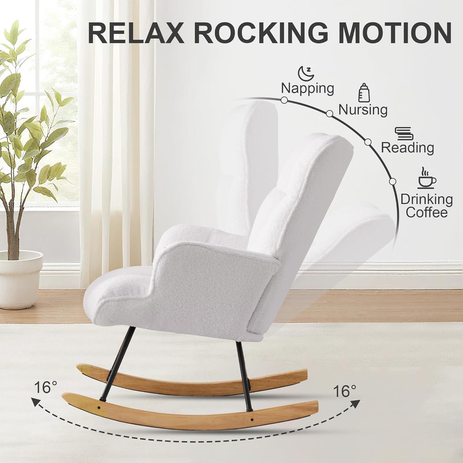 Nursery Rocking Chair Teddy, Upholstered Glider Rocker with High Backrest, Comfortable Stylish Accent Armchair with Padded Seat for Living Rooms, Bedrooms, Offices
