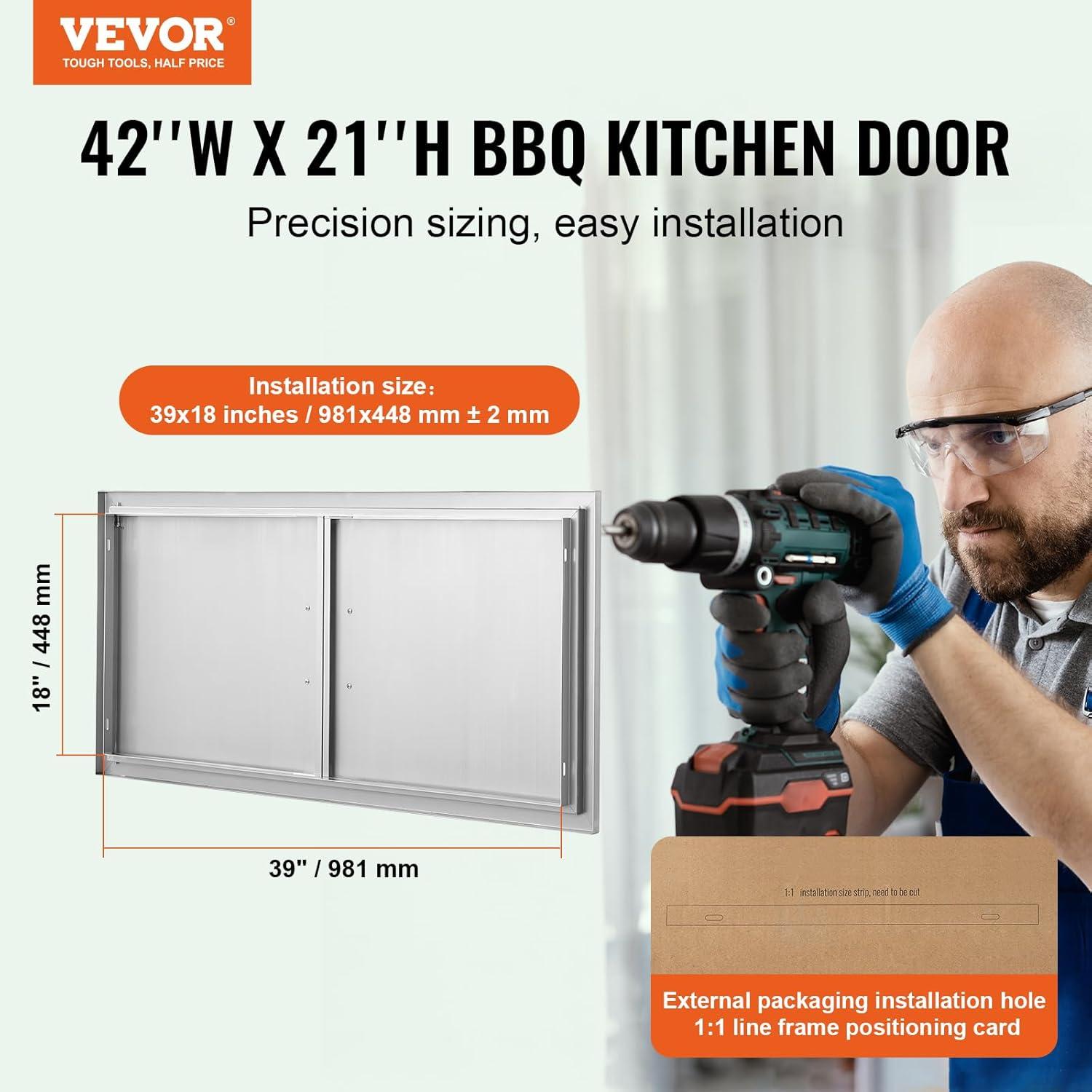 VEVORbrand BBQ Access Door 42W X 21H inch, Double BBQ Door Stainless Steel, Outdoor Kitchen Doors for Commercial BBQ Island, Grilling Station, Outside Cabinet