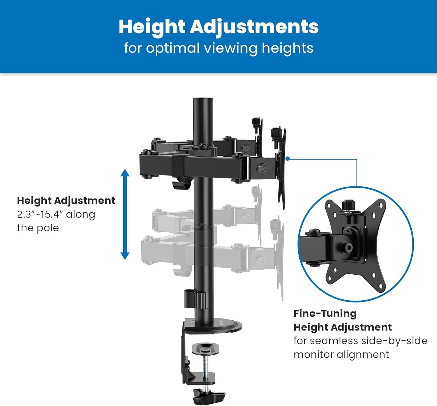 Mount-It! Dual Monitor Desk Mount, Dual Monitor Arm Fits 2 Monitors max. 32" / 19.8 Lbs., Full Motion Adjustment Monitor Mount with C-Clamp, Black