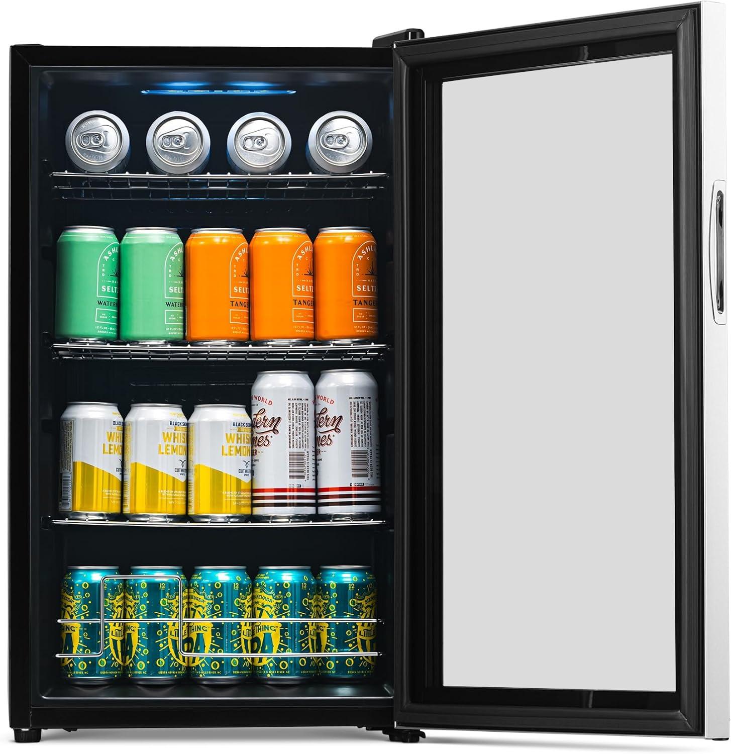 Newair 100 Can Beverage Fridge With Glass Door, Small Freestanding Mini Fridge In Stainless Steel