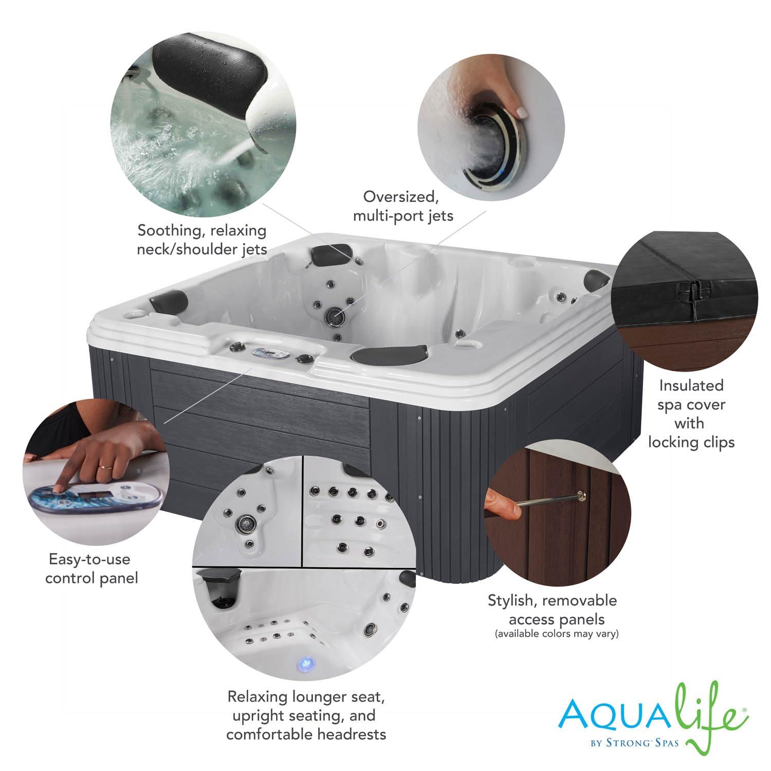 Aqualife® by Strong Spas® Annapolis™ 6-Person 50-Jet Lounger Hot Tub Spa with 2 Pumps, LED Lighting, Stainless Steel Heater and Ozonator, Insulated Cover Included
