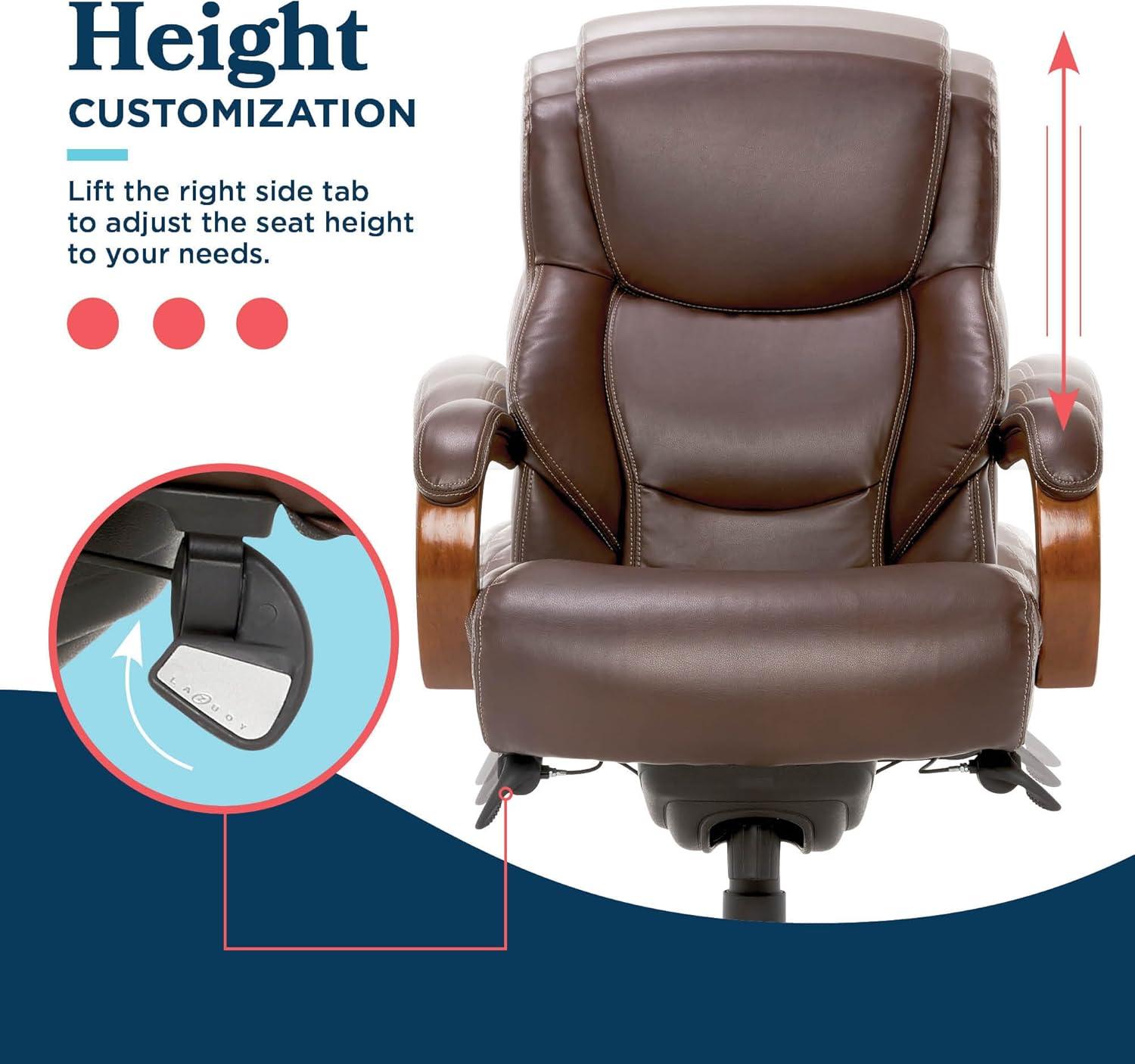 La-Z-Boy La-Z-Boy Delano Big & Tall Executive Office Chair, Ergonomic Mid-Back with Body Pillow Lumbar Support, ComfortCore® with Memory Foam Cushion, Mahogany Wood Arms and Swivel Base, Bonded Leather
