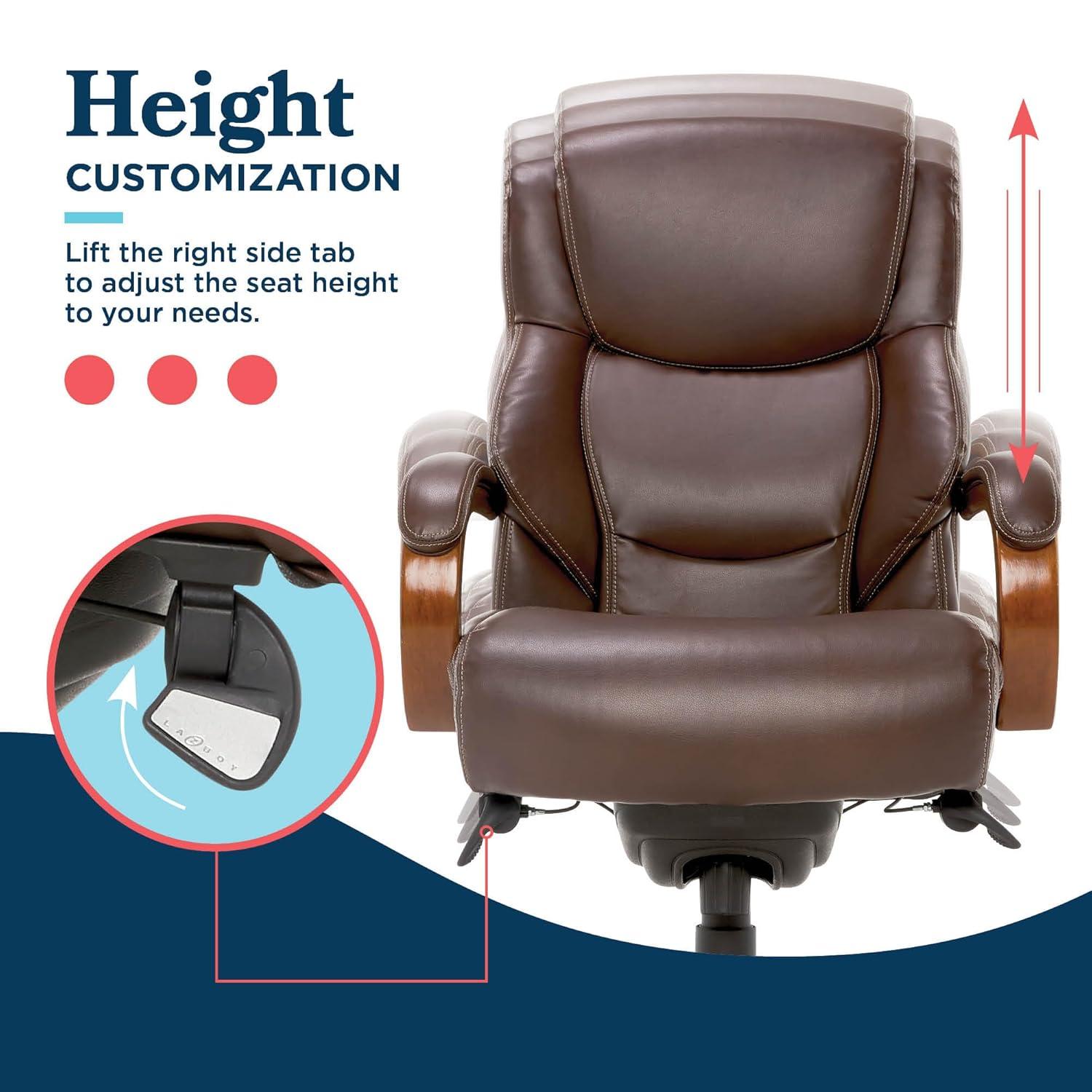 La-Z-Boy La-Z-Boy Delano Big & Tall Executive Office Chair, Ergonomic Mid-Back with Body Pillow Lumbar Support, ComfortCore® with Memory Foam Cushion, Mahogany Wood Arms and Swivel Base, Bonded Leather