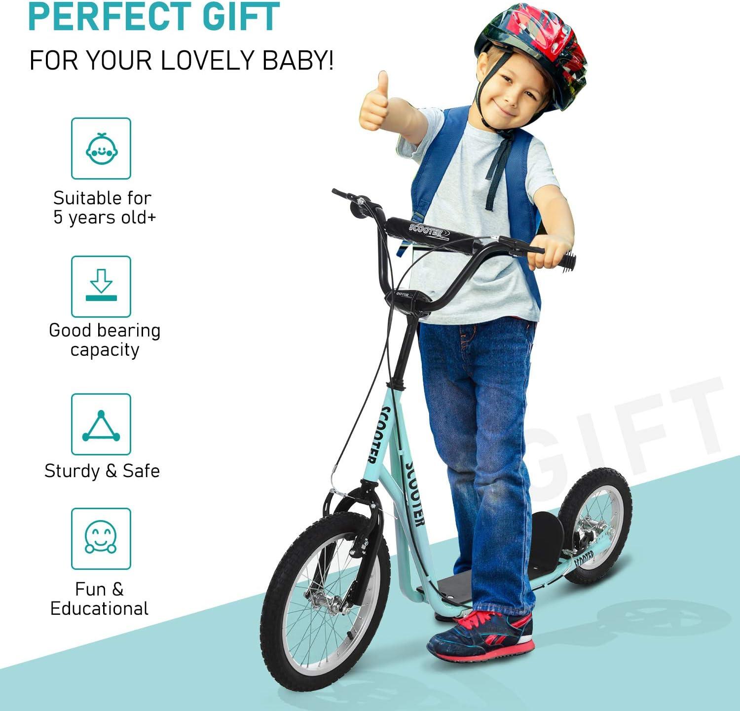 Aosom Youth Scooter, Teens Kick Scooter, Adjustable Handlebar Ride On Toy for 5+ with 16" Front and 12" Rear Dual Brakes Inflatable Wheels