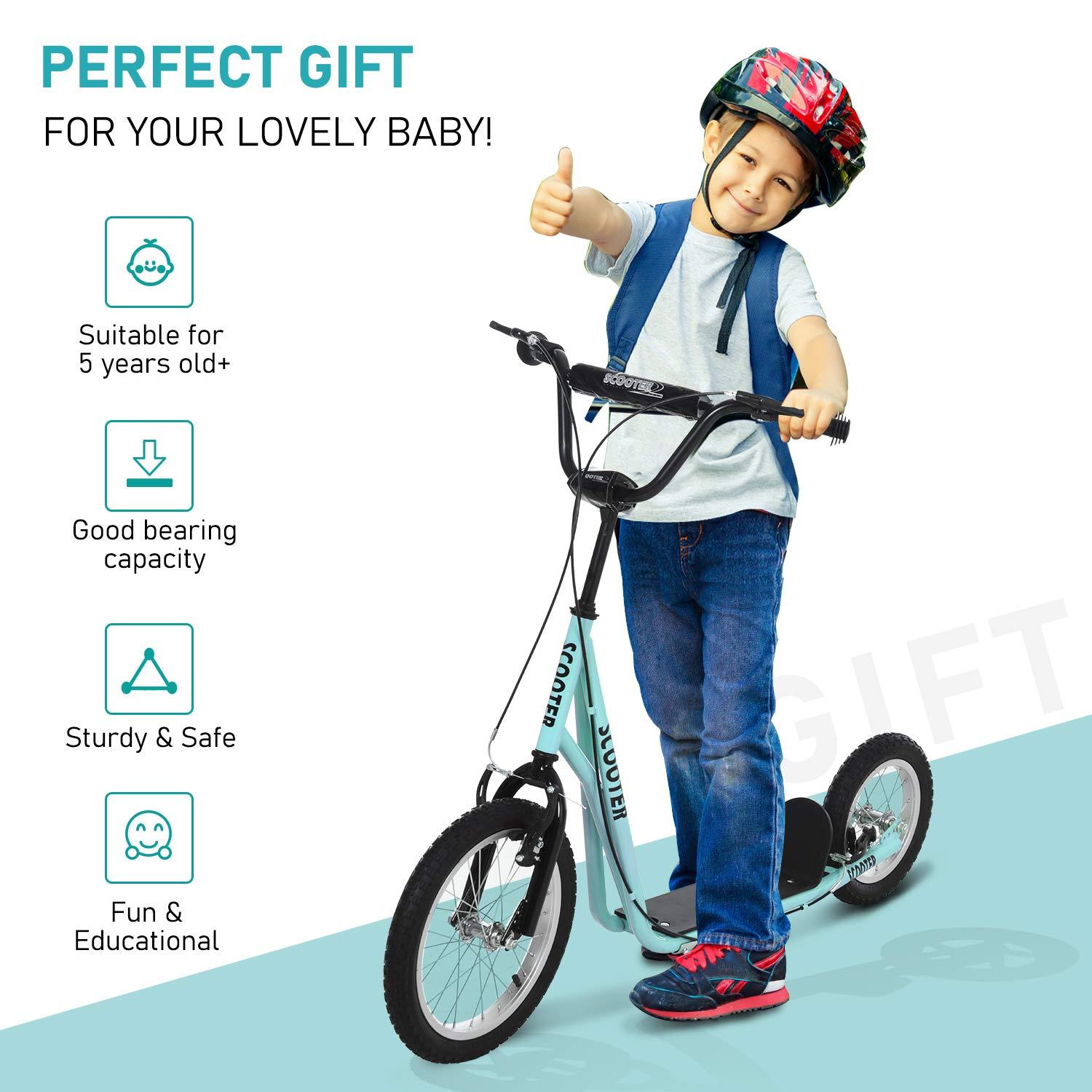 Aosom Youth Scooter, Teens Kick Scooter, Adjustable Handlebar Ride On Toy for 5+ with 16" Front and 12" Rear Dual Brakes Inflatable Wheels