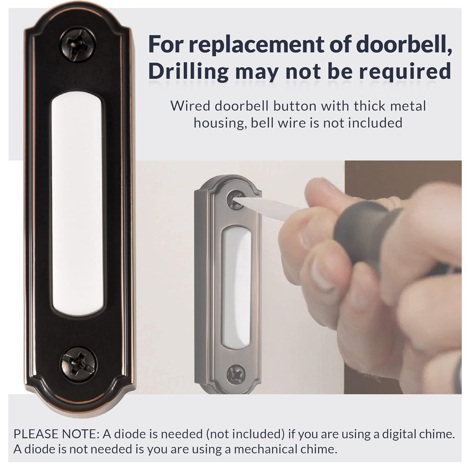 Newhouse Hardware LED Lighted Metal Door Chime Push Button (Oil-Rubbed Bronze) | Surface Mount Lighted Door Bell Button | Replacement Wired Doorbell Button for Most Door Bell Chimes