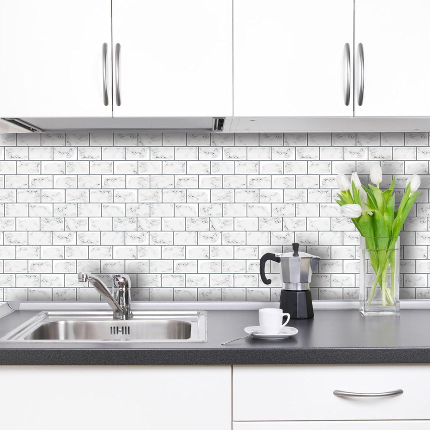 12" x 12" Vinyl Backsplash White Marble Peel & Stick Subway Tile