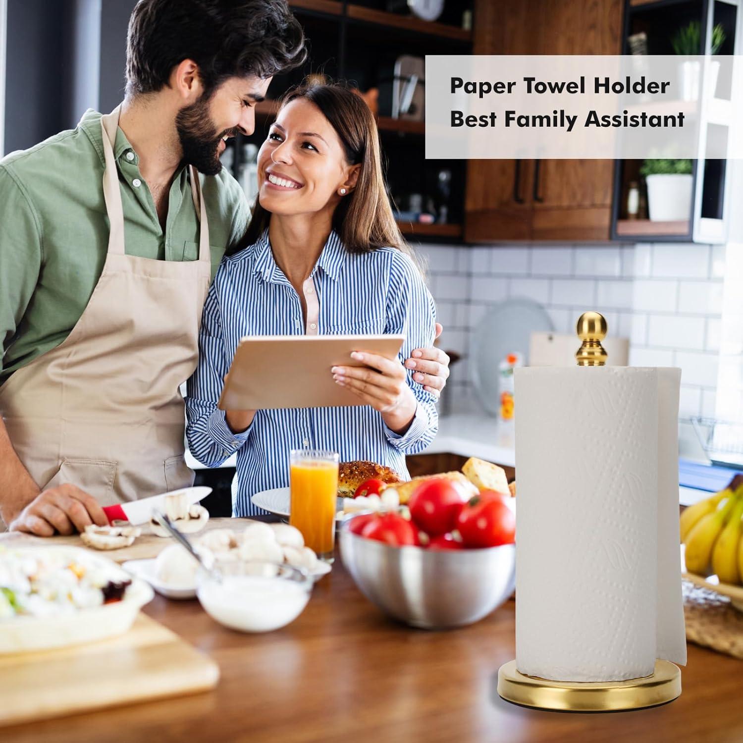 Paper Towel Holder Countertop Standing Roll Kitchen Bathroom Stand Weighted Base Suction Cups Stainless Steel Silver