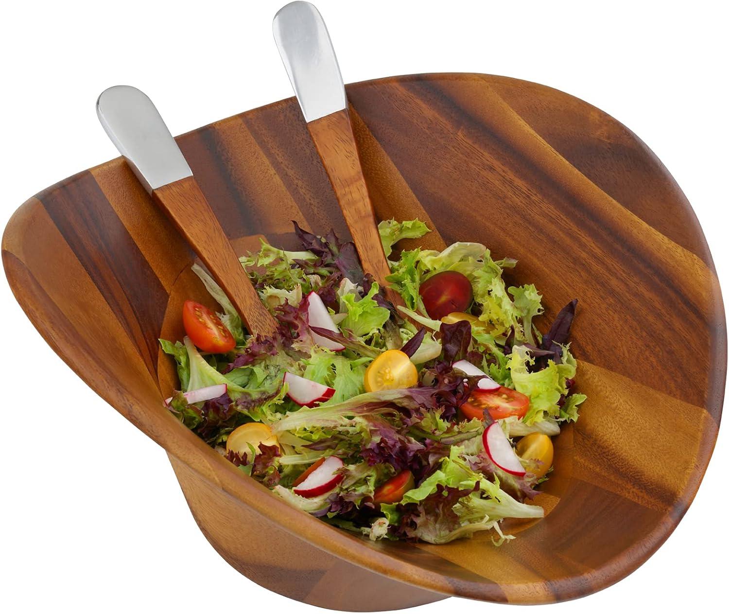 Ripple Acacia Wood Salad Bowl with Alloy Servers