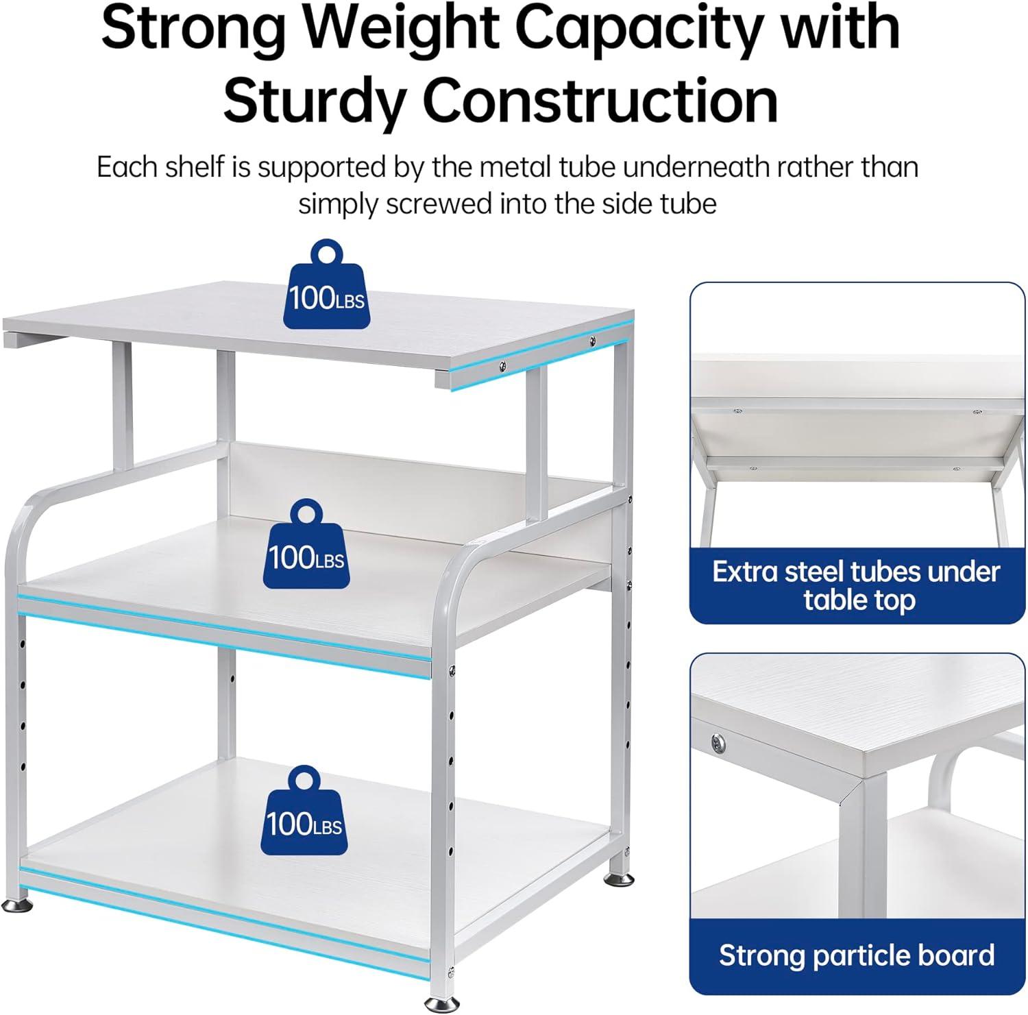 Printer Table, 23.6 x18.9 x 29.5 Inches Large Printer Stand with Height Adjustable Storage Shelf, 3 Tier Rolling Printer Cart Furniture with Wheels for Home Office, White & Black