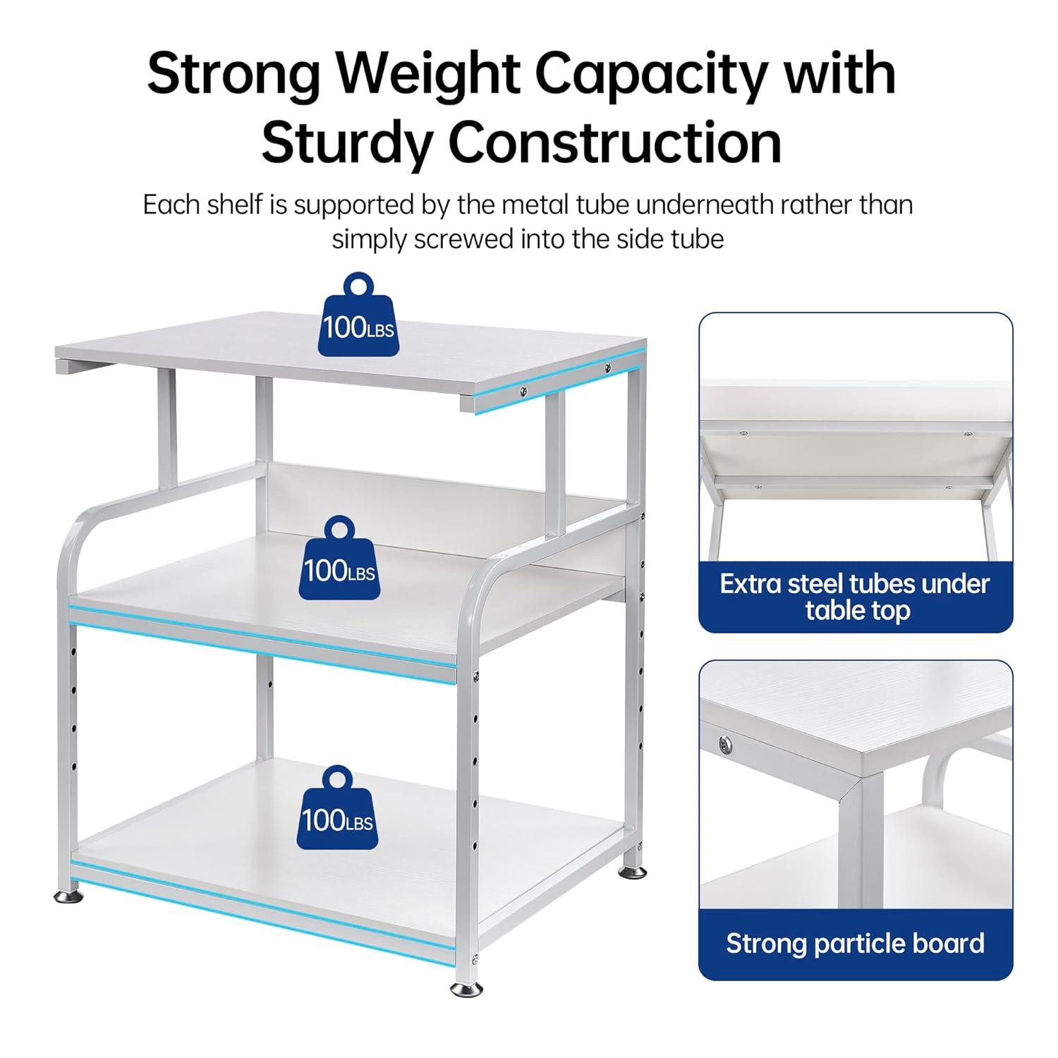 Printer Table, 23.6 x18.9 x 29.5 Inches Large Printer Stand with Height Adjustable Storage Shelf, 3 Tier Rolling Printer Cart Furniture with Wheels for Home Office, White & Black