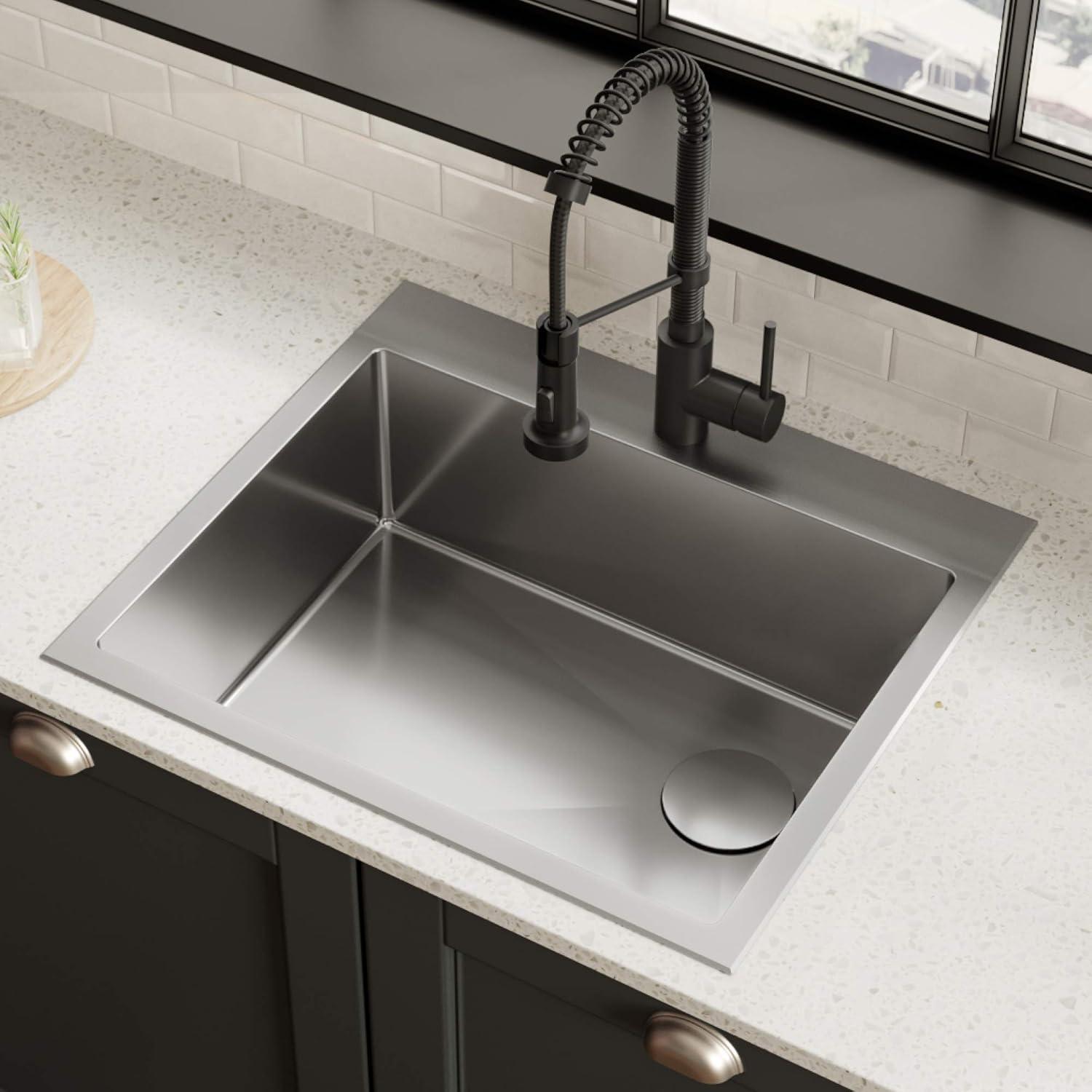 Kraus KHT411-25 Standart Pro Drop-in Topmount 16 Gauge Single Bowl 2-Hole Stainless Steel Set (5 Item Bundle: Sink, Bottom Grid, Assembly, Drain Cap, Kitchen Towel), 25 Inch, Tight Radius