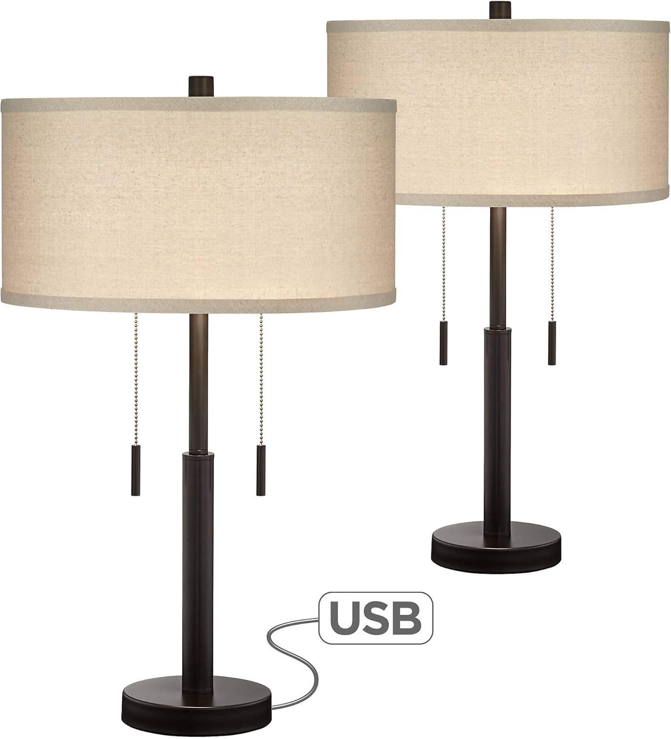 Franklin Iron Works Bernie Industrial Table Lamps 25" High Set of 2 Rich Bronze with USB Charging Port Tan Drum Shade for Bedroom Living Room Bedside