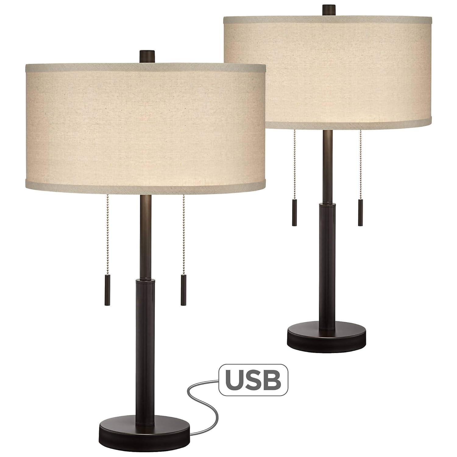 Franklin Iron Works Bernie Industrial Table Lamps 25" High Set of 2 Rich Bronze with USB Charging Port Tan Drum Shade for Bedroom Living Room Bedside