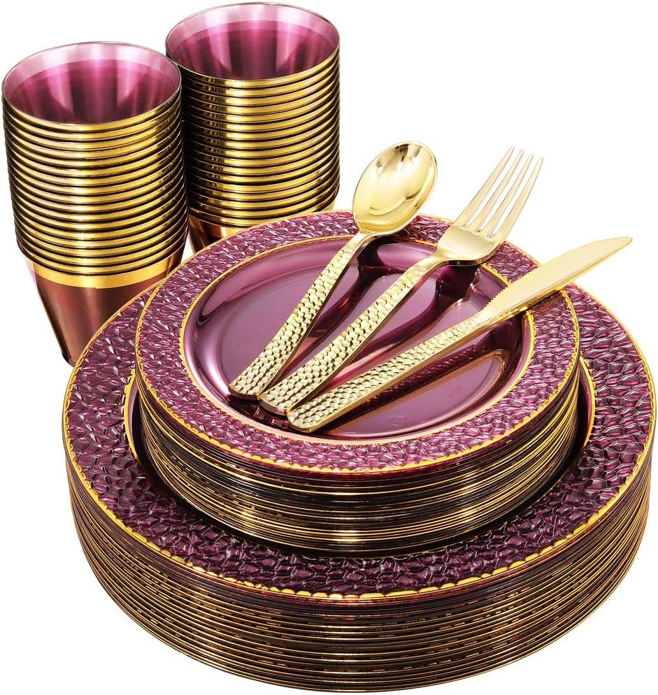 Elegant Purple and Gold Disposable Plastic Dinnerware Set